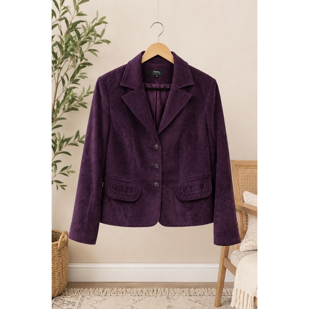Tribal Purple Faux Suede Blazer Size 12 Stretch Lined Statement Career Jacket